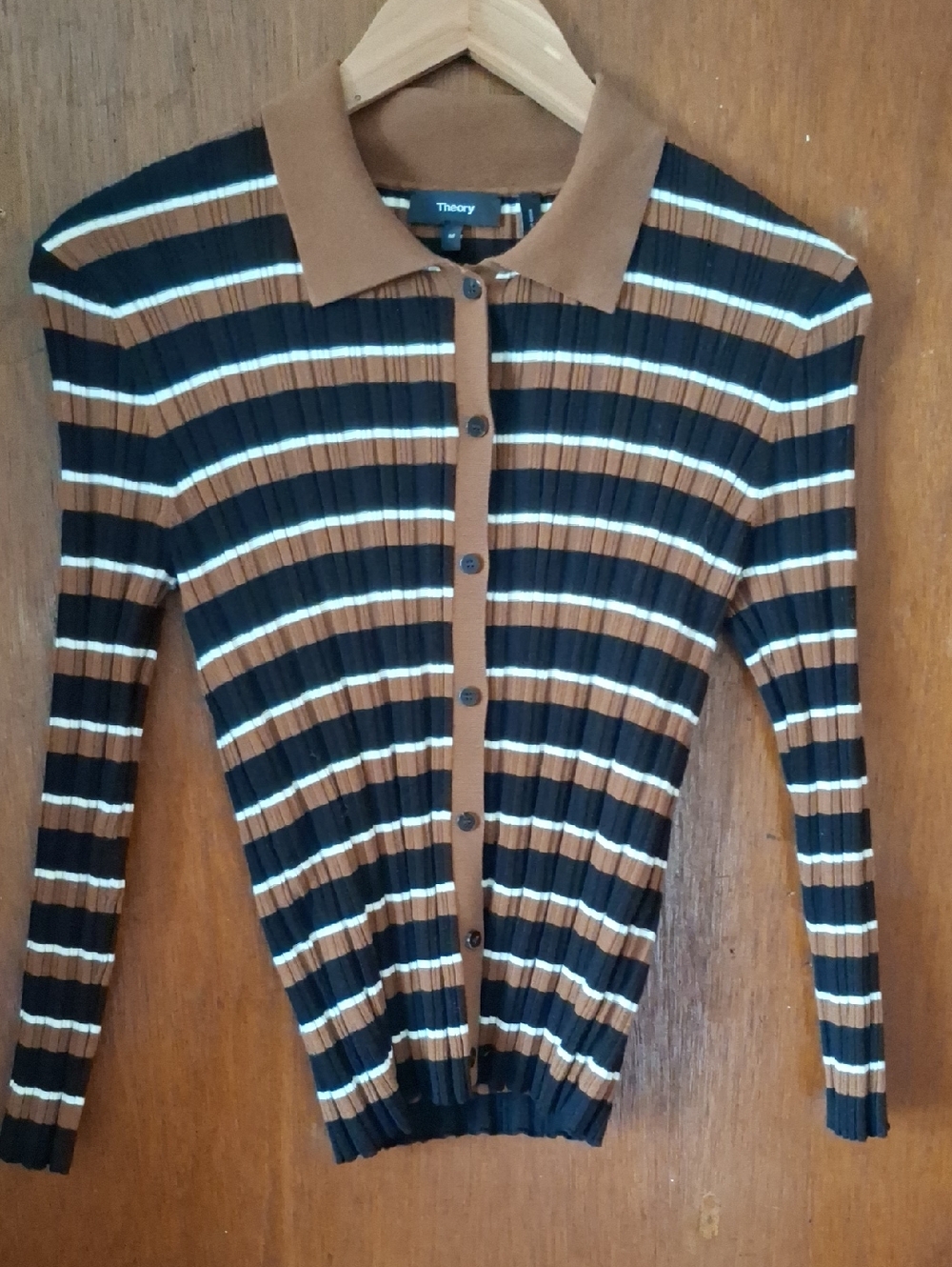Theory Striped Ribbed Polo Cardigan in Black, Brown & Cream Striped Sz M NEW